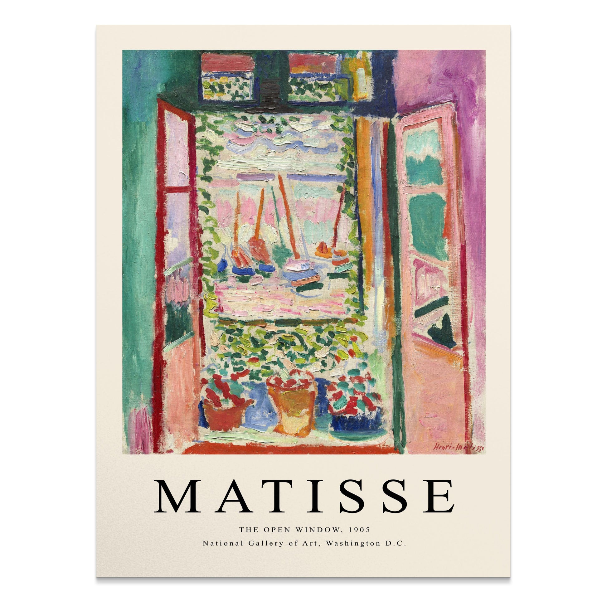 The Open Window by Matisse 1905 art print poster featuring vibrant colors and a scenic view, displayed with a beige border and title text.