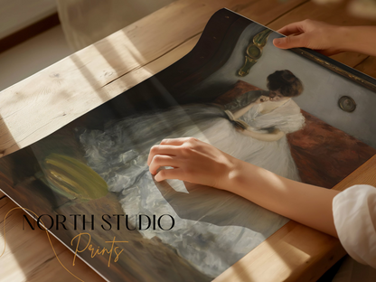 Premium Poster of Thoughtful Woman in White Dress Reading Posters