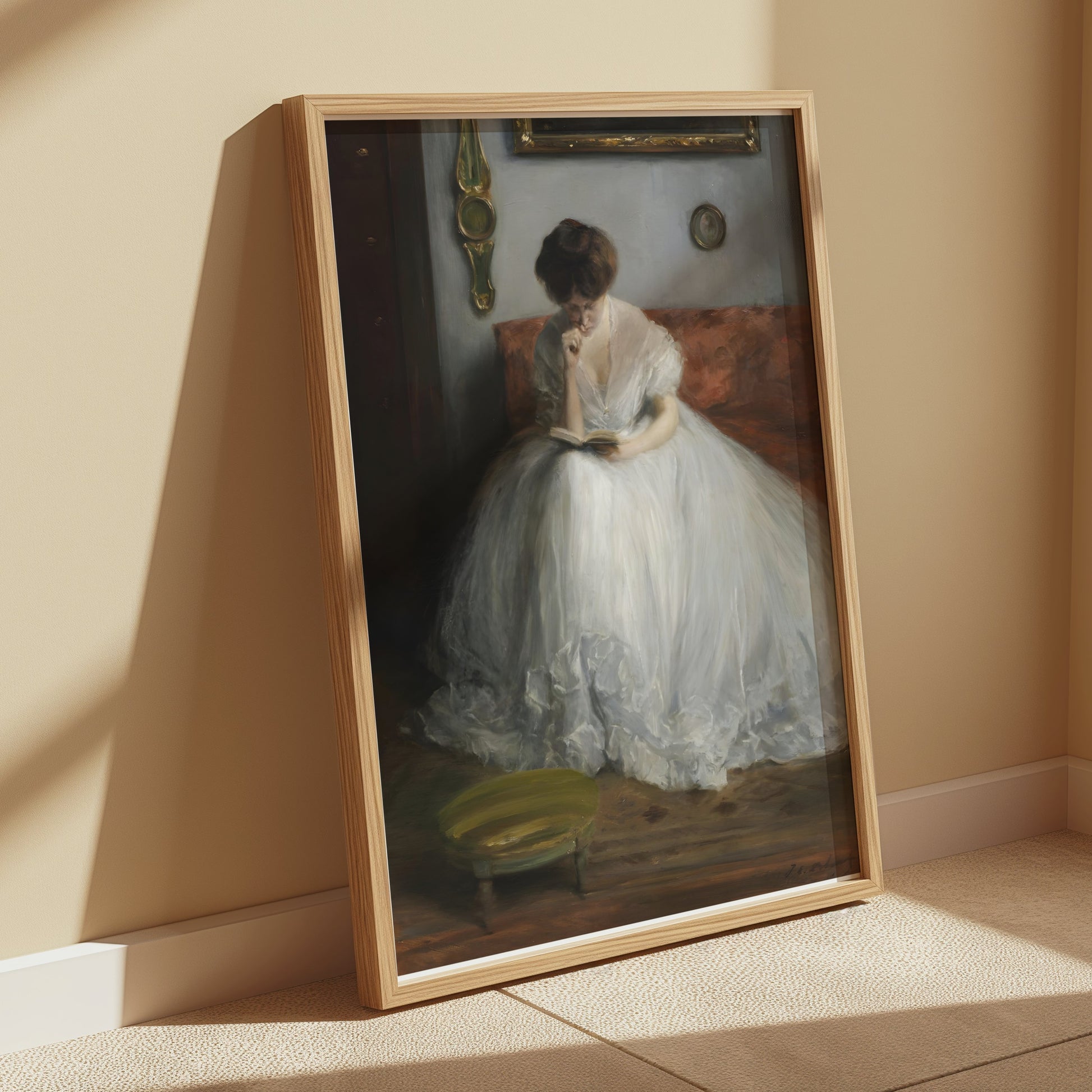 Premium Poster of Thoughtful Woman in White Dress Reading Posters