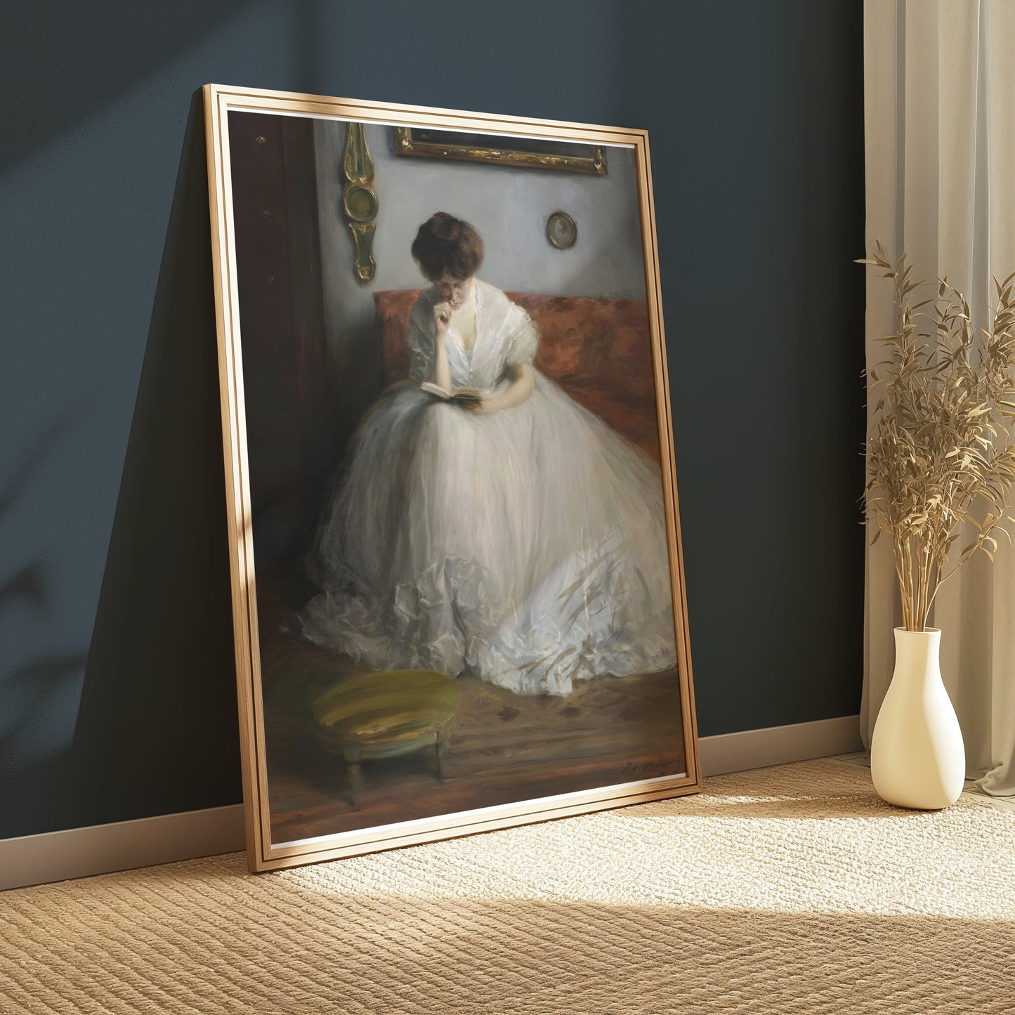 Premium Poster of Thoughtful Woman in White Dress Reading Posters