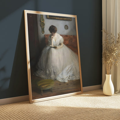 Premium Poster of Thoughtful Woman in White Dress Reading Posters