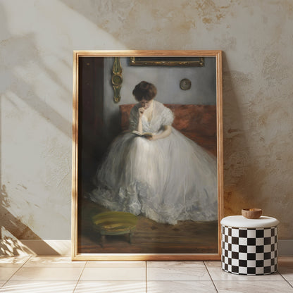 Premium Poster of Thoughtful Woman in White Dress Reading Posters