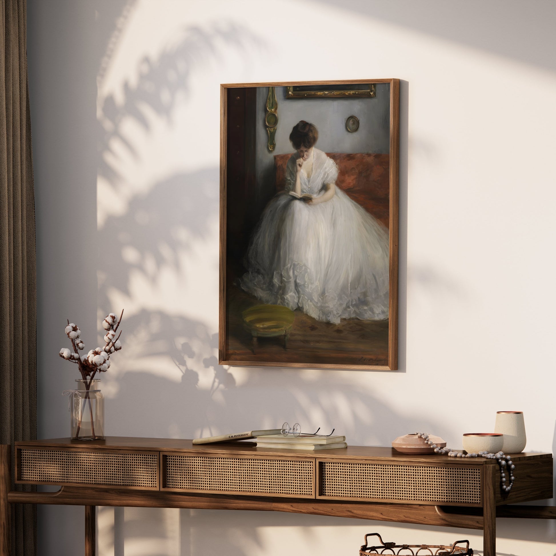 Premium Poster of Thoughtful Woman in White Dress Reading Posters