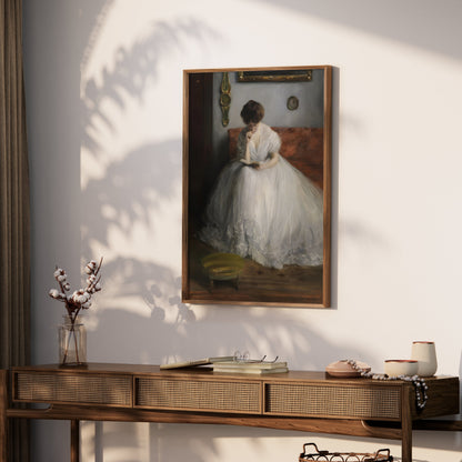 Premium Poster of Thoughtful Woman in White Dress Reading Posters