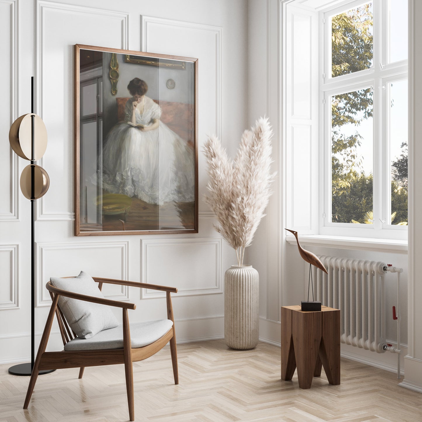 Premium Poster of Thoughtful Woman in White Dress Reading Posters