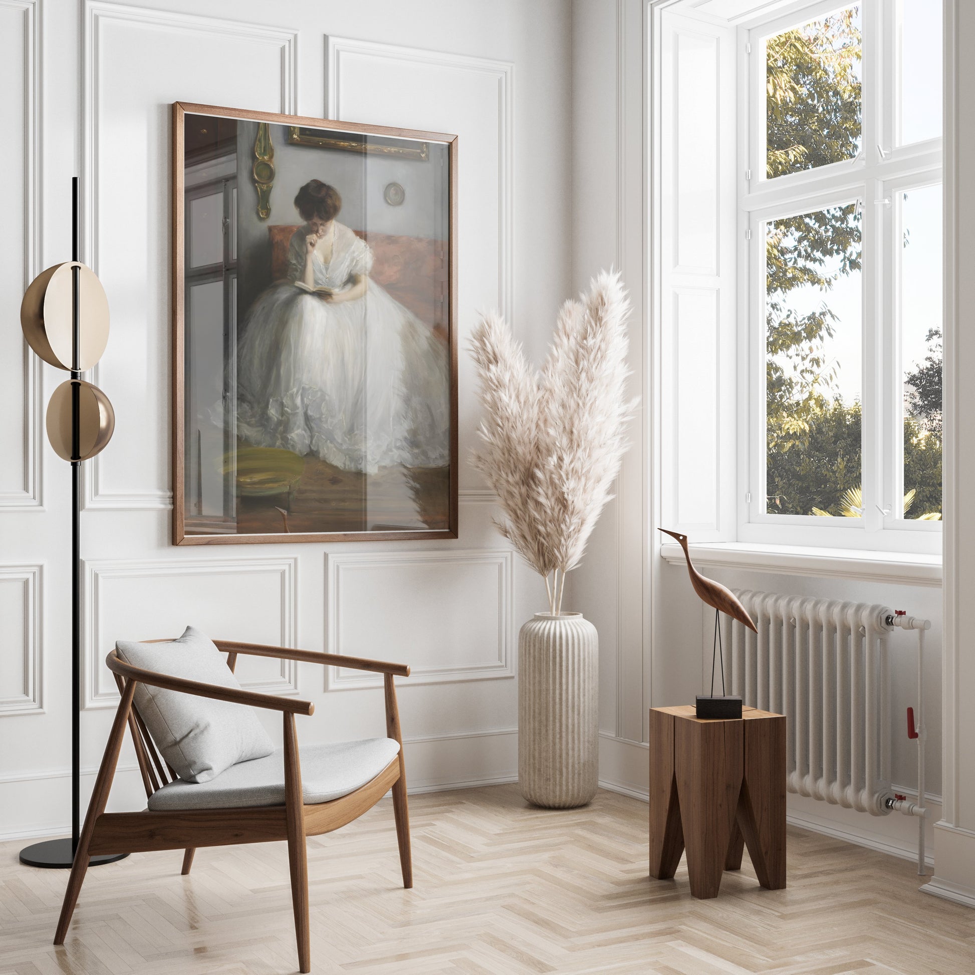 Premium Poster of Thoughtful Woman in White Dress Reading Posters