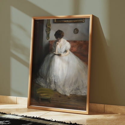 Premium Poster of Thoughtful Woman in White Dress Reading Posters