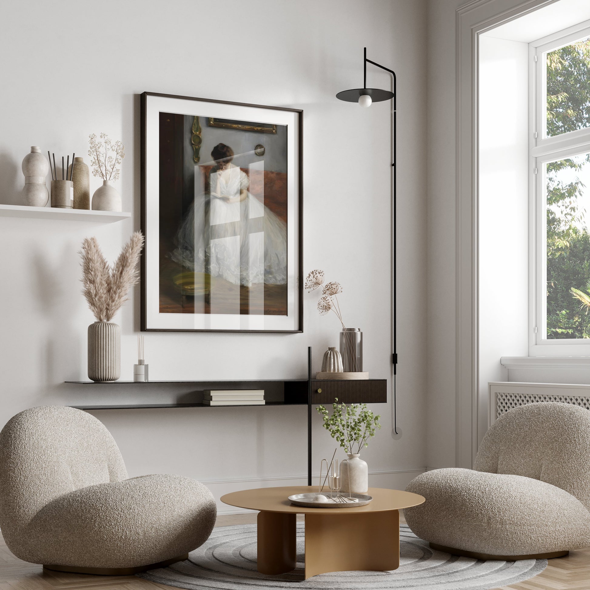 Premium Poster of Thoughtful Woman in White Dress Reading Posters