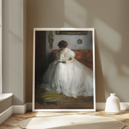 Premium Poster of Thoughtful Woman in White Dress Reading Posters