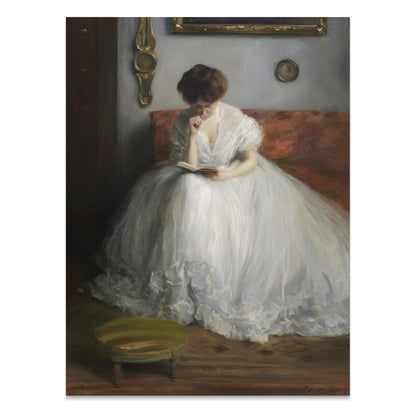 Premium Poster of Thoughtful Woman in White Dress Reading Posters