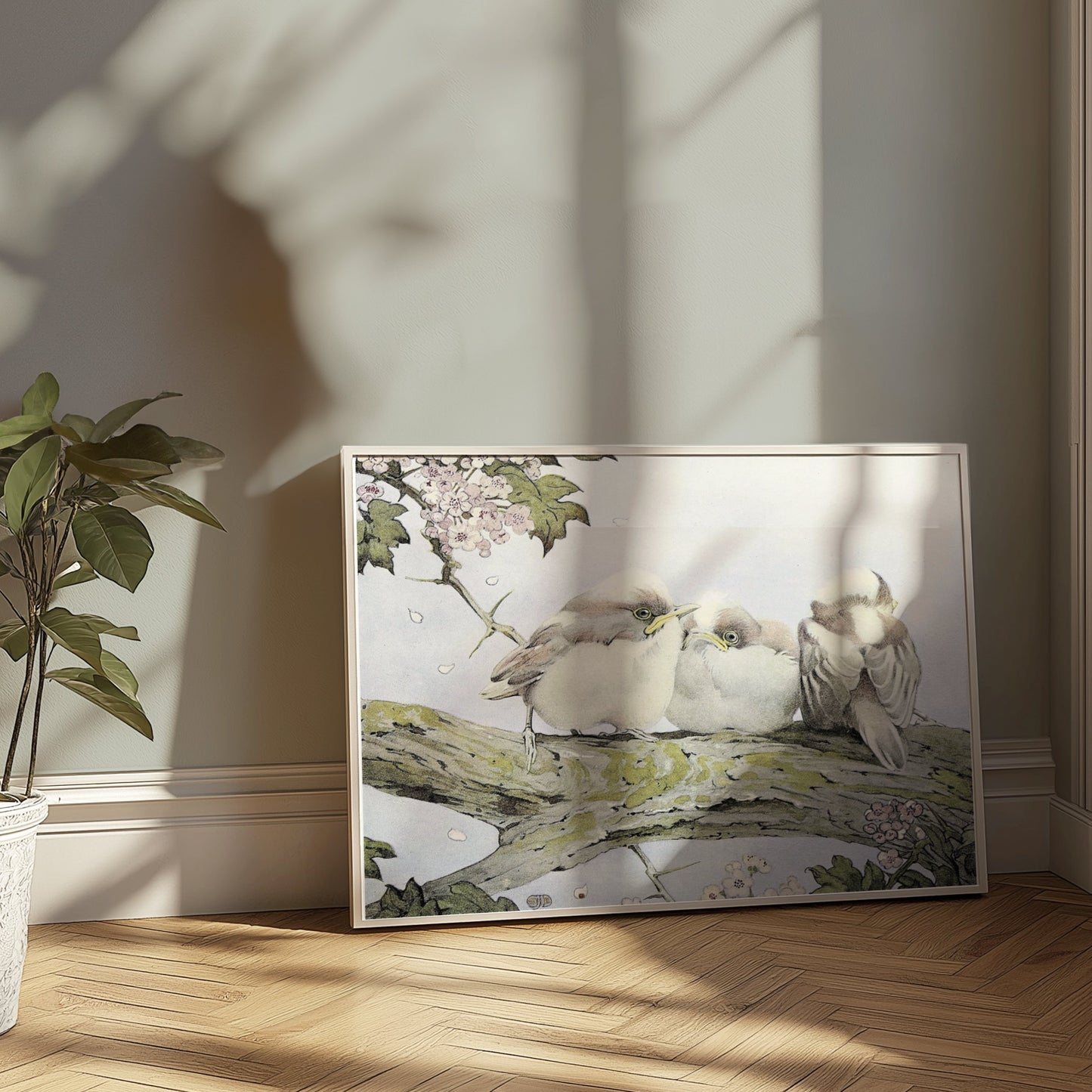 Premium Poster of Three Birds Resting on Tree Branch Vintage Art Posters