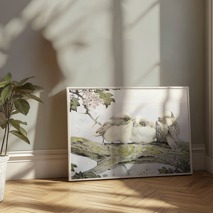Premium Poster of Three Birds Resting on Tree Branch Vintage Art Posters