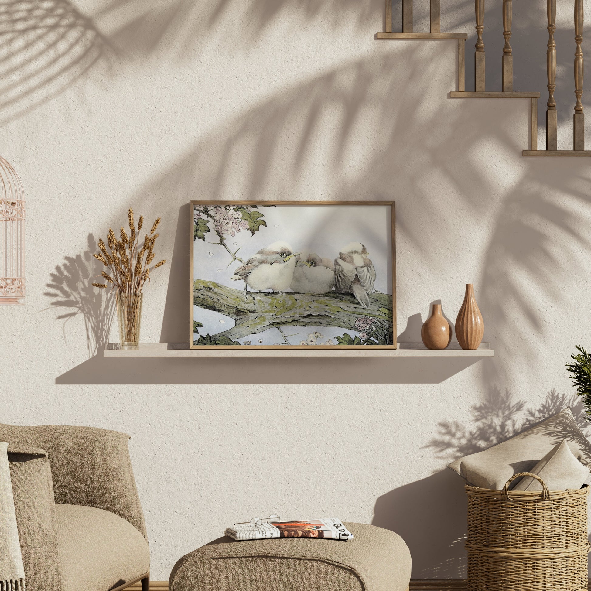 Premium Poster of Three Birds Resting on Tree Branch Vintage Art Posters