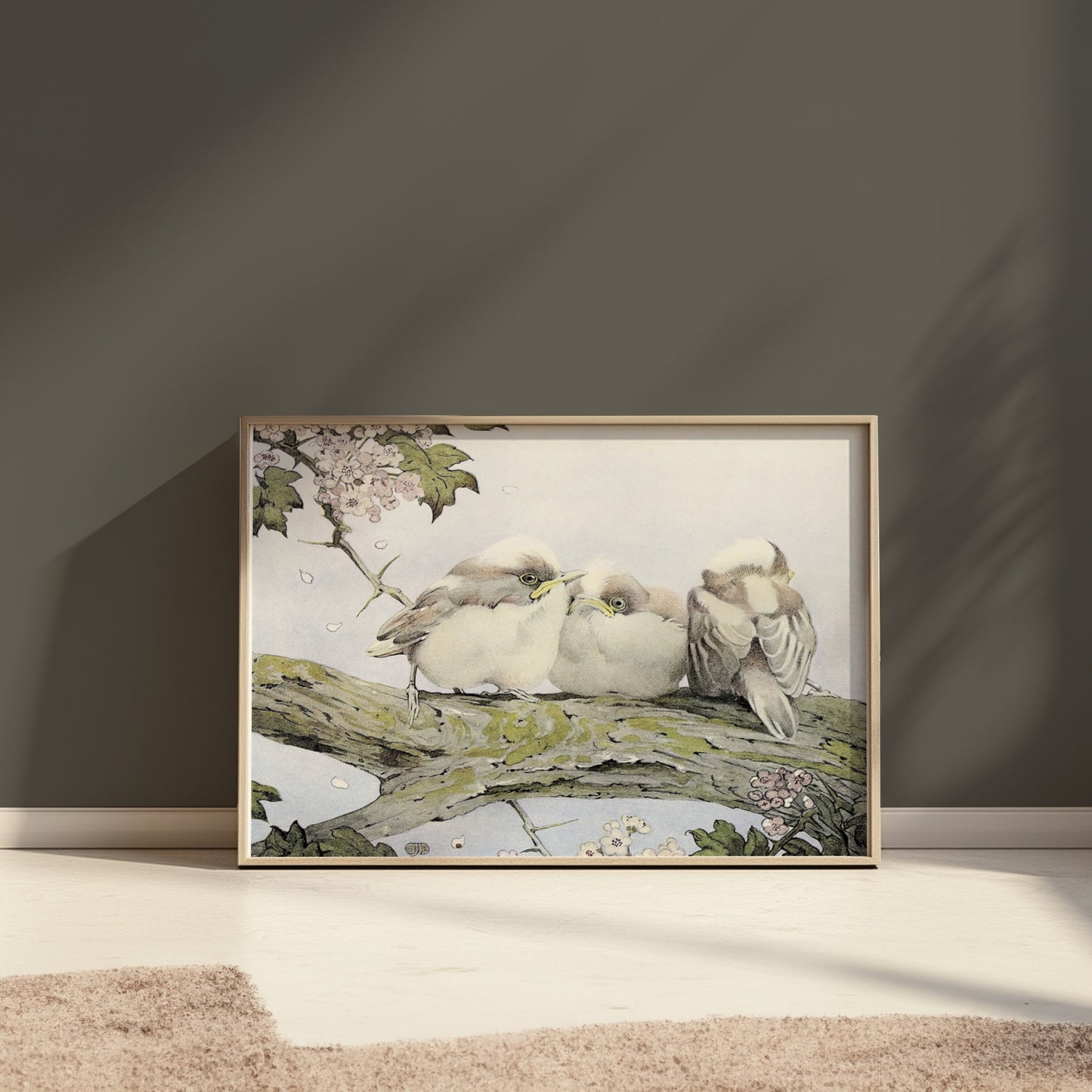 Premium Poster of Three Birds Resting on Tree Branch Vintage Art Posters