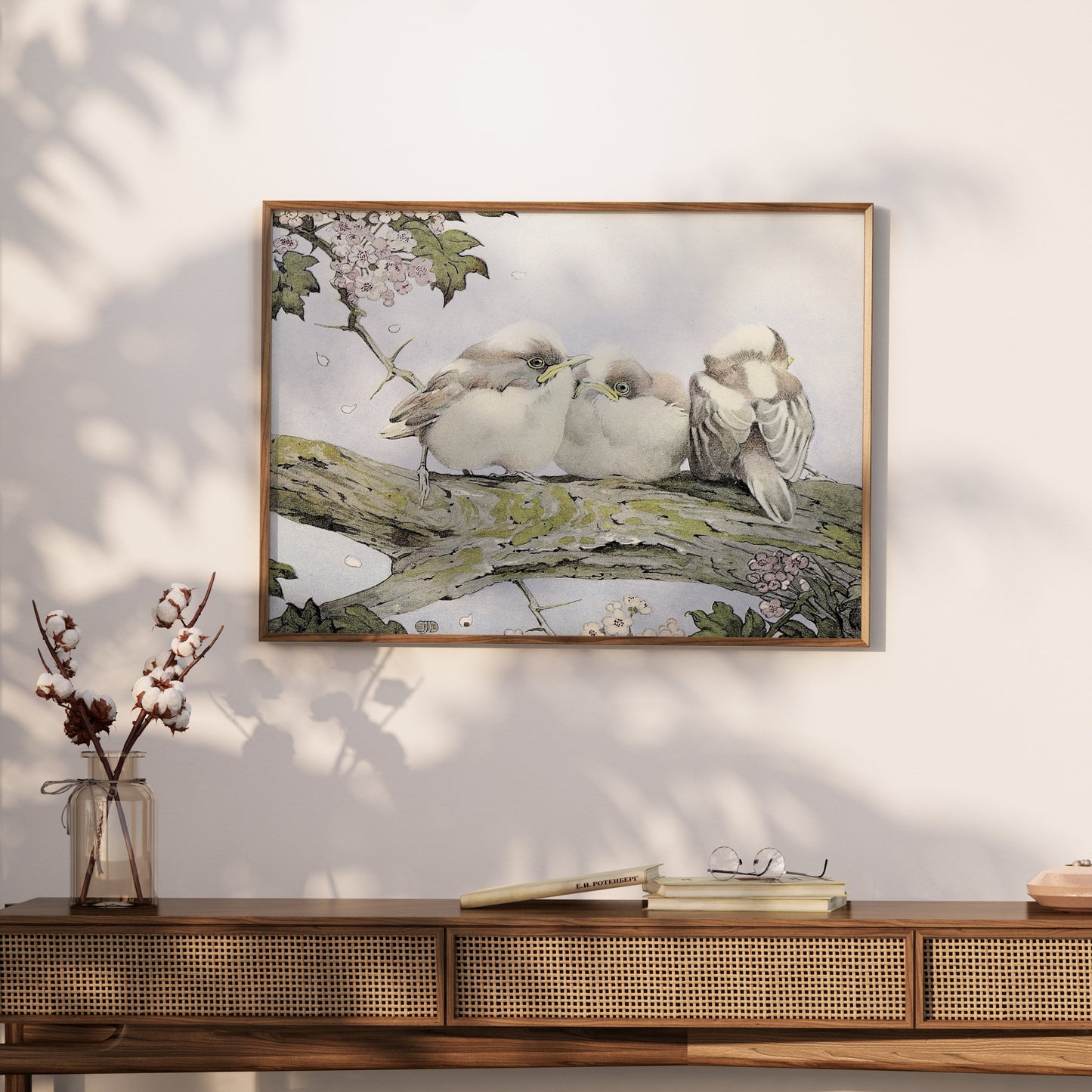 Premium Poster of Three Birds Resting on Tree Branch Vintage Art Posters