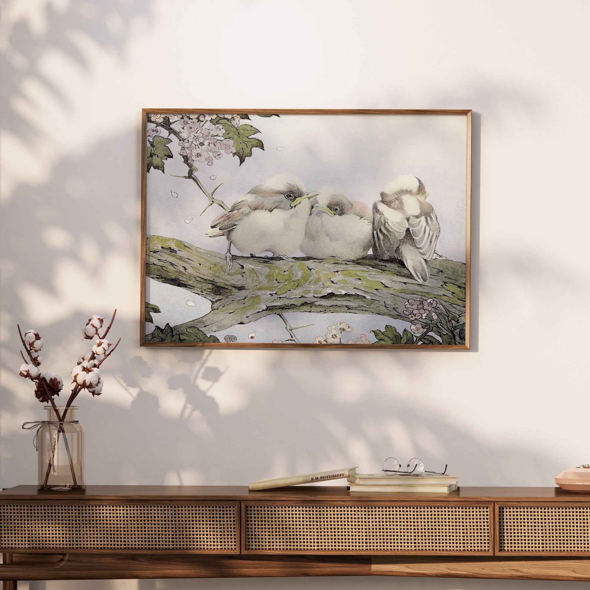 Premium Poster of Three Birds Resting on Tree Branch Vintage Art Posters