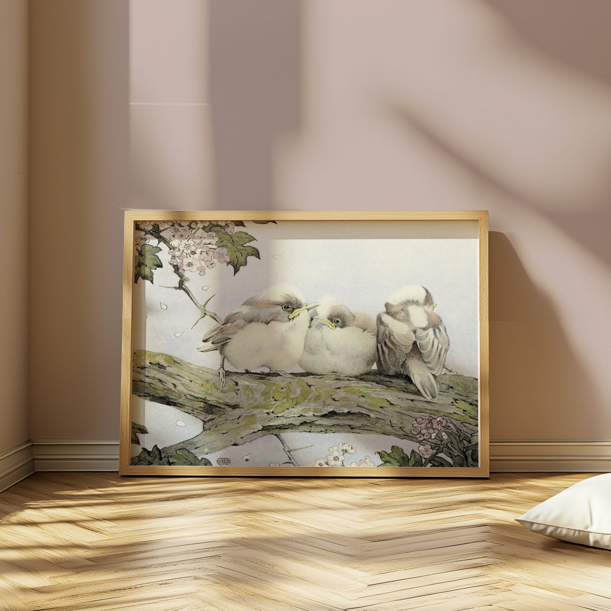 Premium Poster of Three Birds Resting on Tree Branch Vintage Art Posters