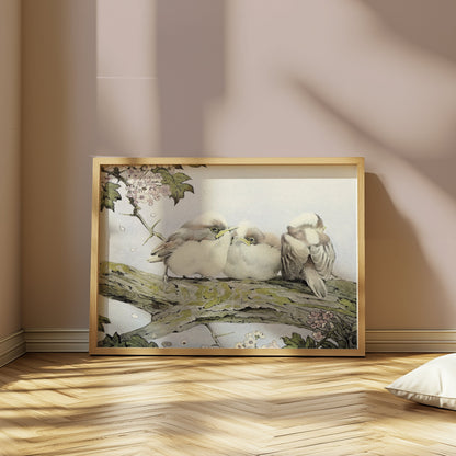 Premium Poster of Three Birds Resting on Tree Branch Vintage Art Posters