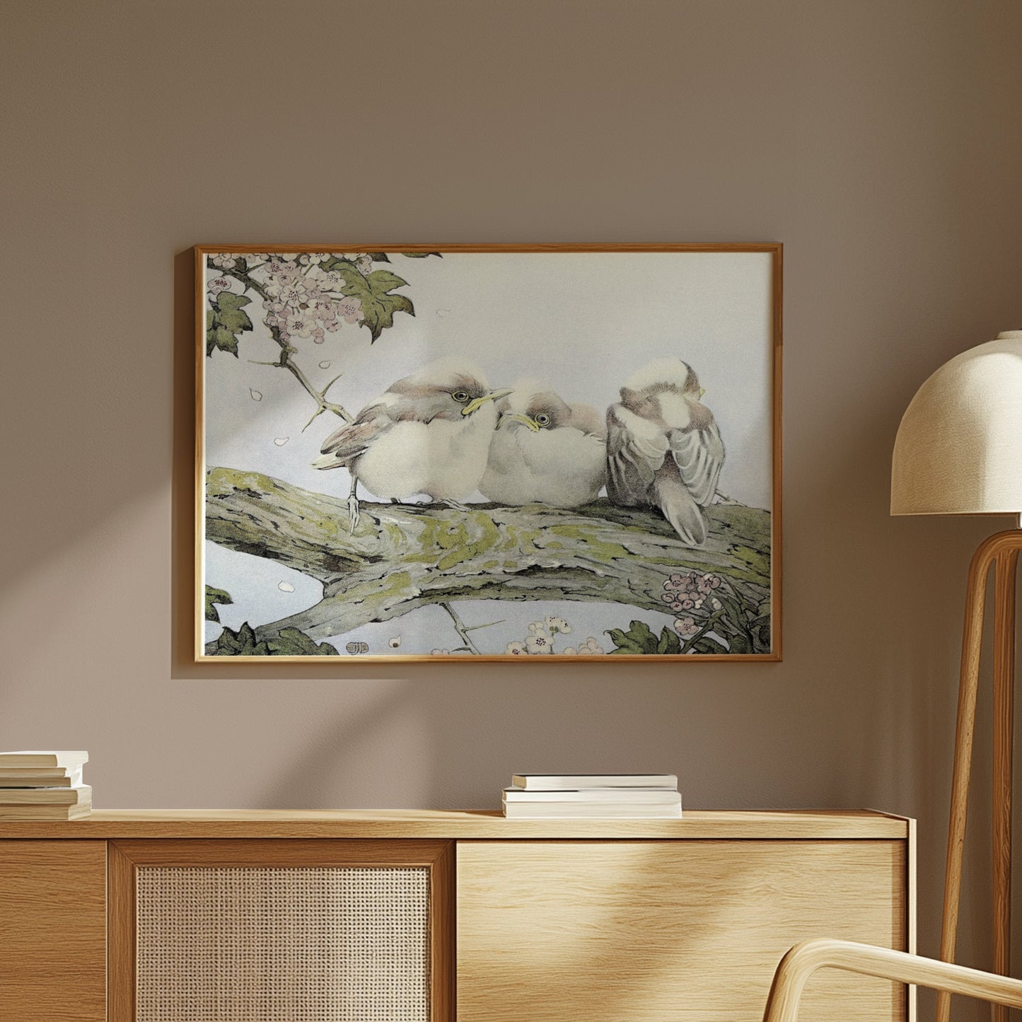 Premium Poster of Three Birds Resting on Tree Branch Vintage Art Posters