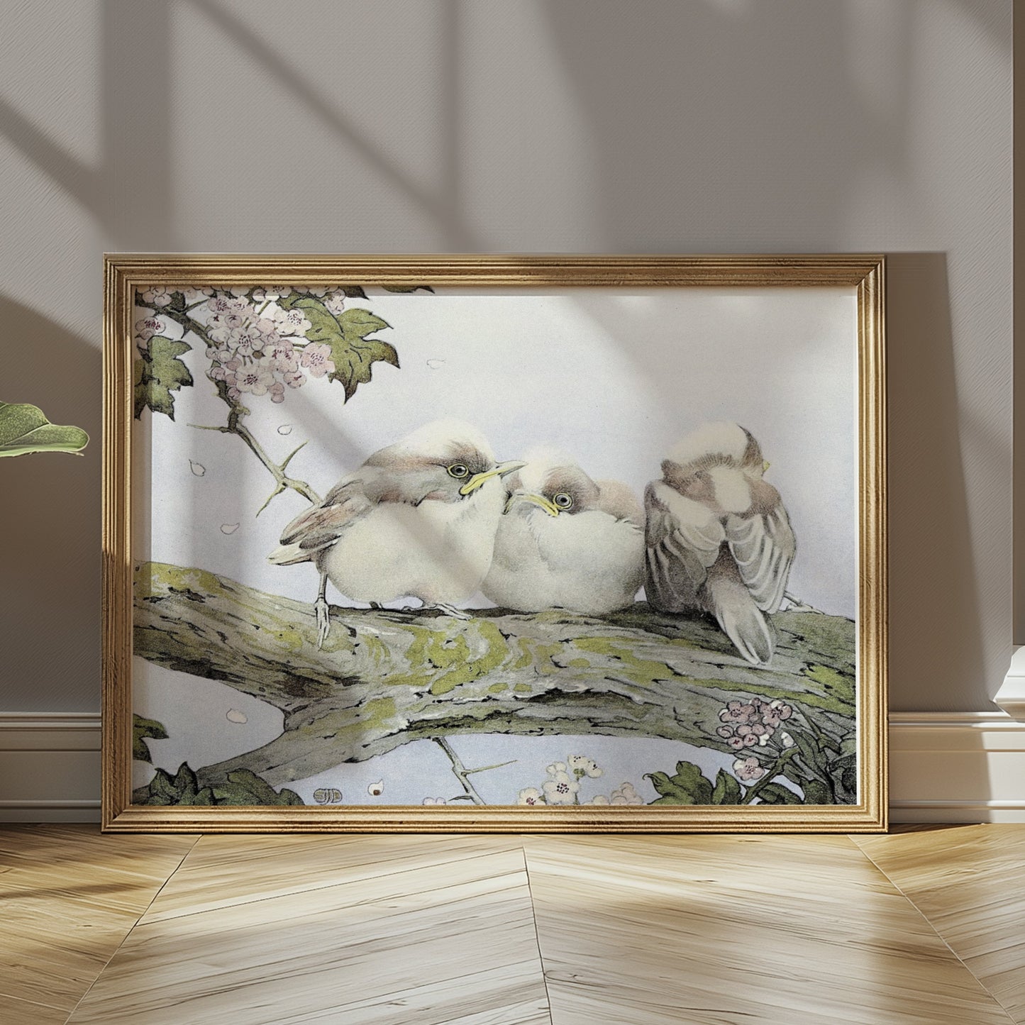 Premium Poster of Three Birds Resting on Tree Branch Vintage Art Posters