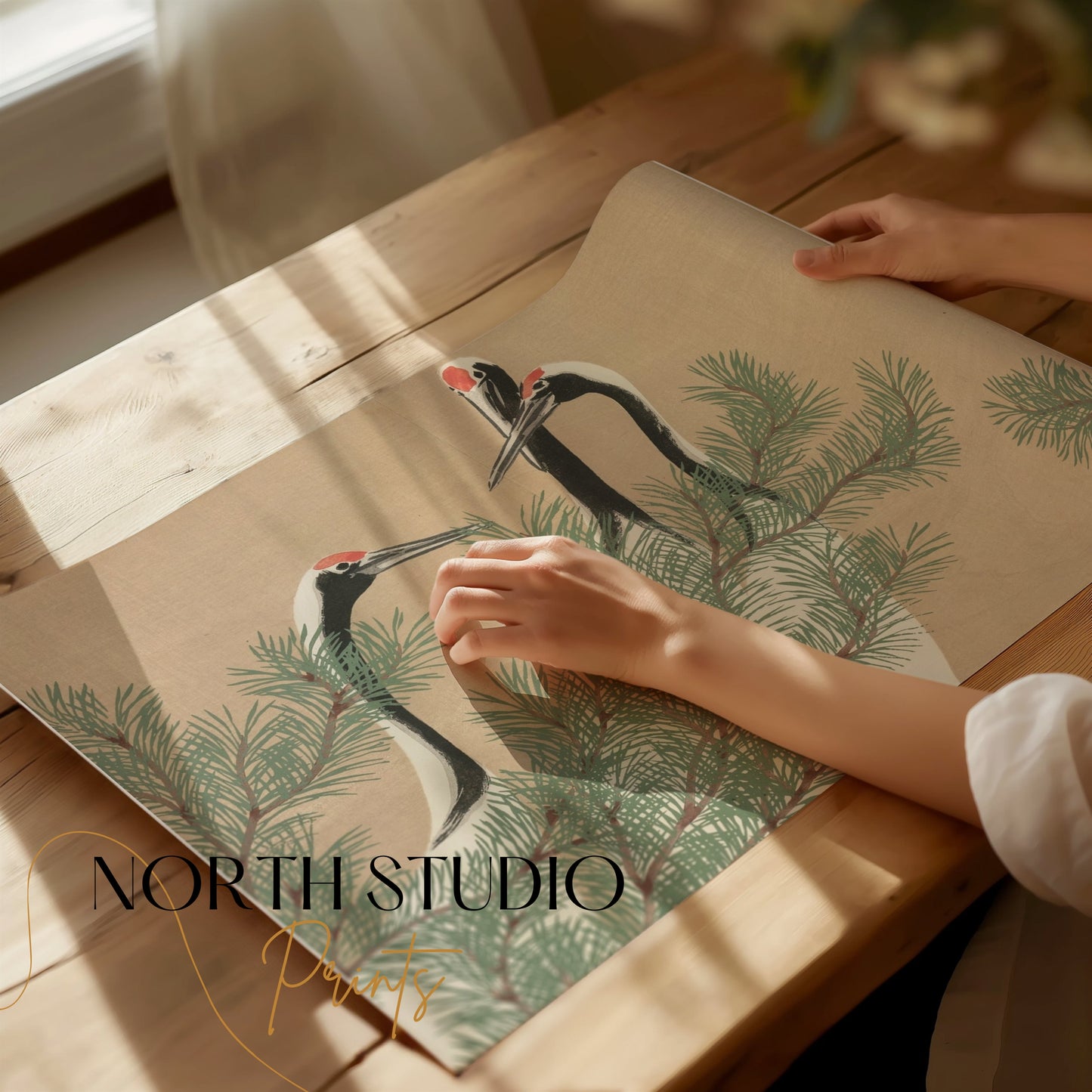 Premium Poster of Three Cranes Among Pine Branches Japanese Art Posters