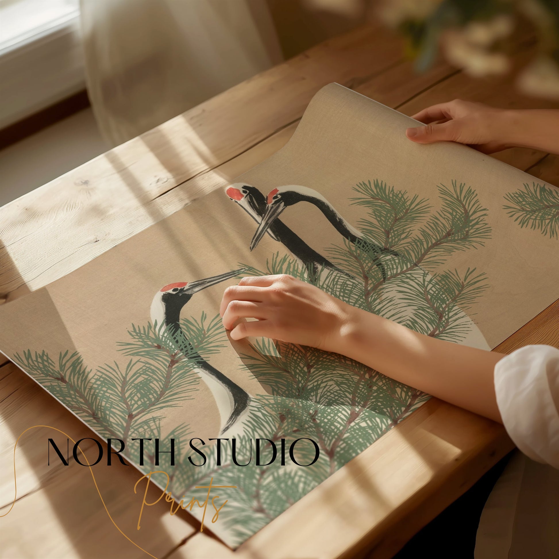 Premium Poster of Three Cranes Among Pine Branches Japanese Art Posters
