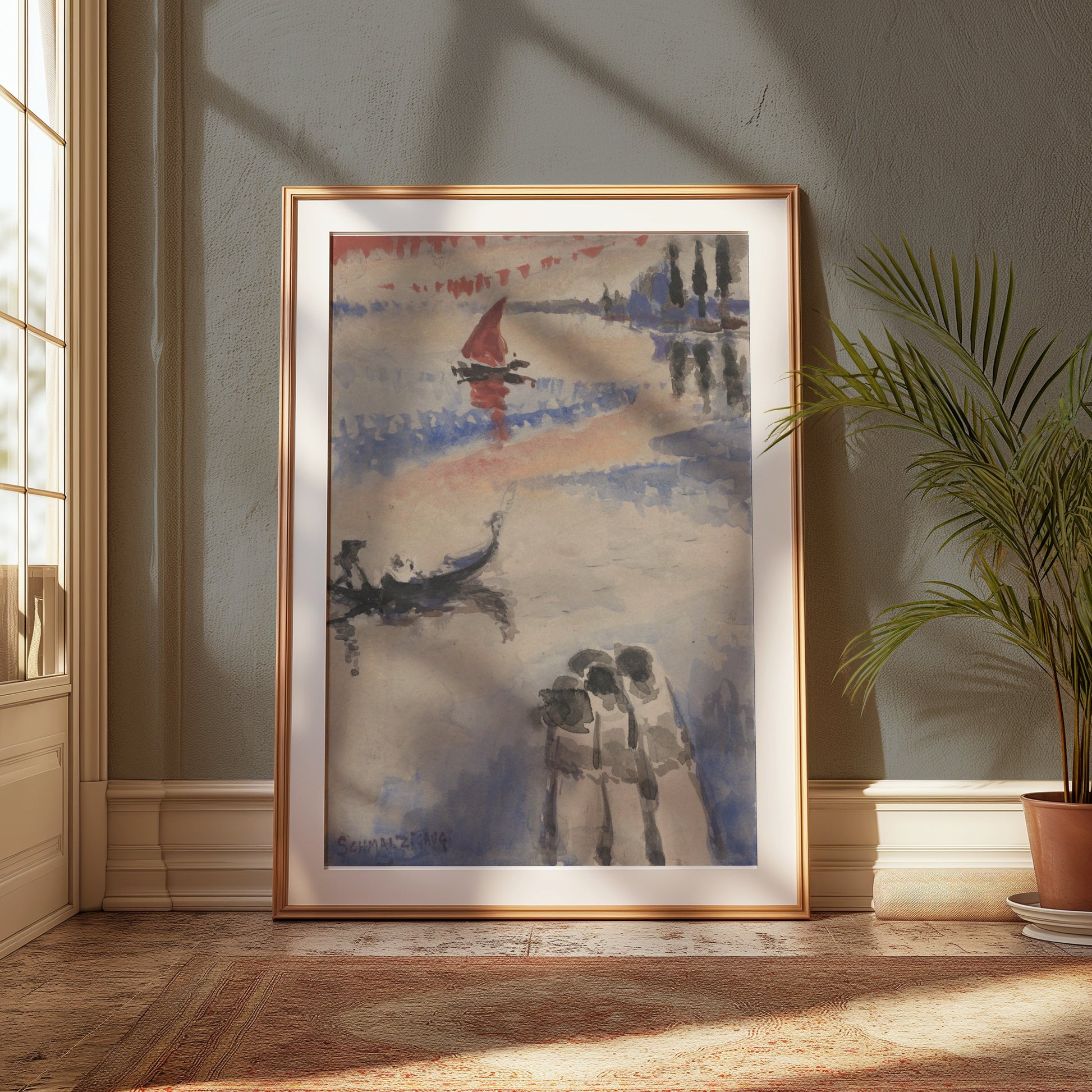 Premium Poster of Three Figures and Boats Watercolor Art Posters