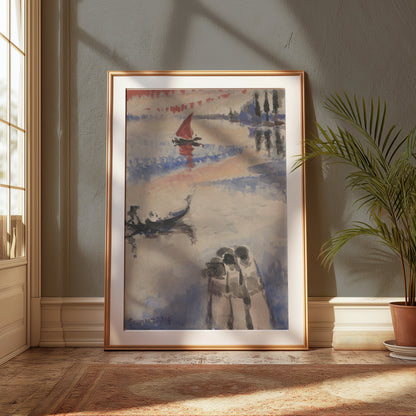 Premium Poster of Three Figures and Boats Watercolor Art Posters