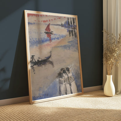Premium Poster of Three Figures and Boats Watercolor Art Posters