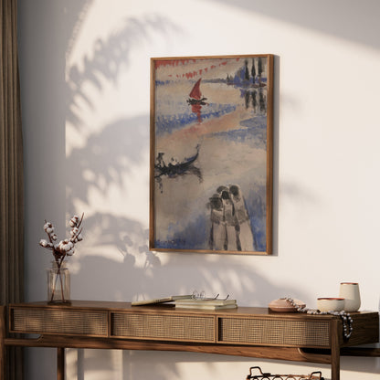 Premium Poster of Three Figures and Boats Watercolor Art Posters
