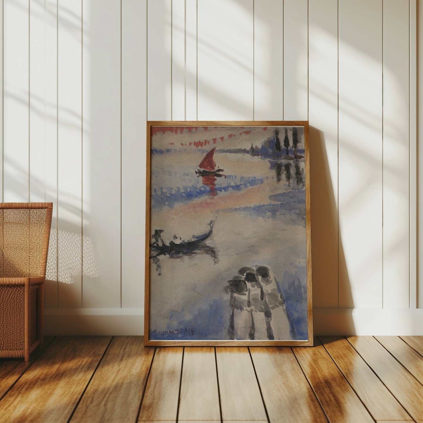 Premium Poster of Three Figures and Boats Watercolor Art Posters