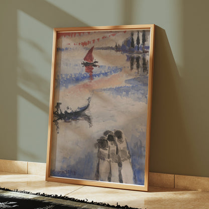Premium Poster of Three Figures and Boats Watercolor Art Posters