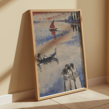 Premium Poster of Three Figures and Boats Watercolor Art Posters