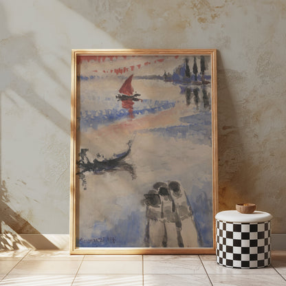 Premium Poster of Three Figures and Boats Watercolor Art Posters