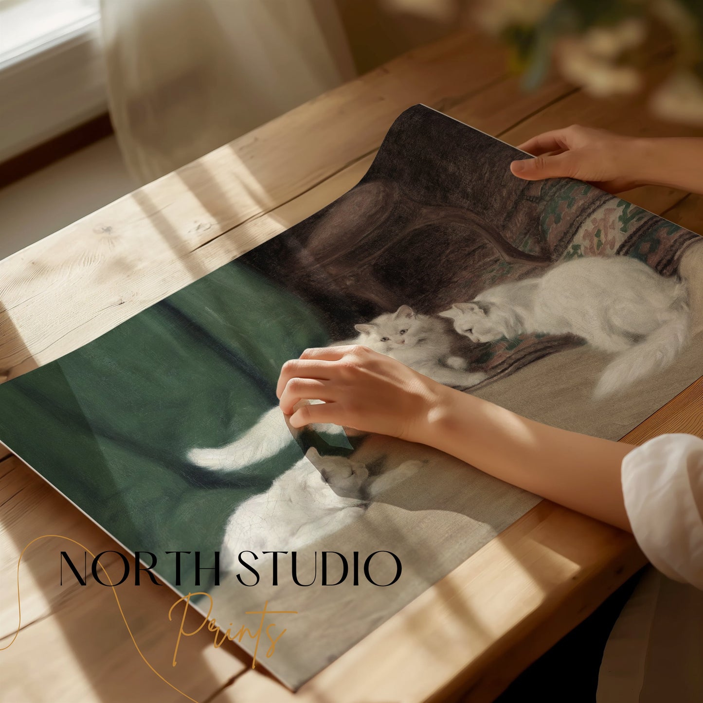 Premium Poster of Three White Cats In An Elegant Room Scene Posters