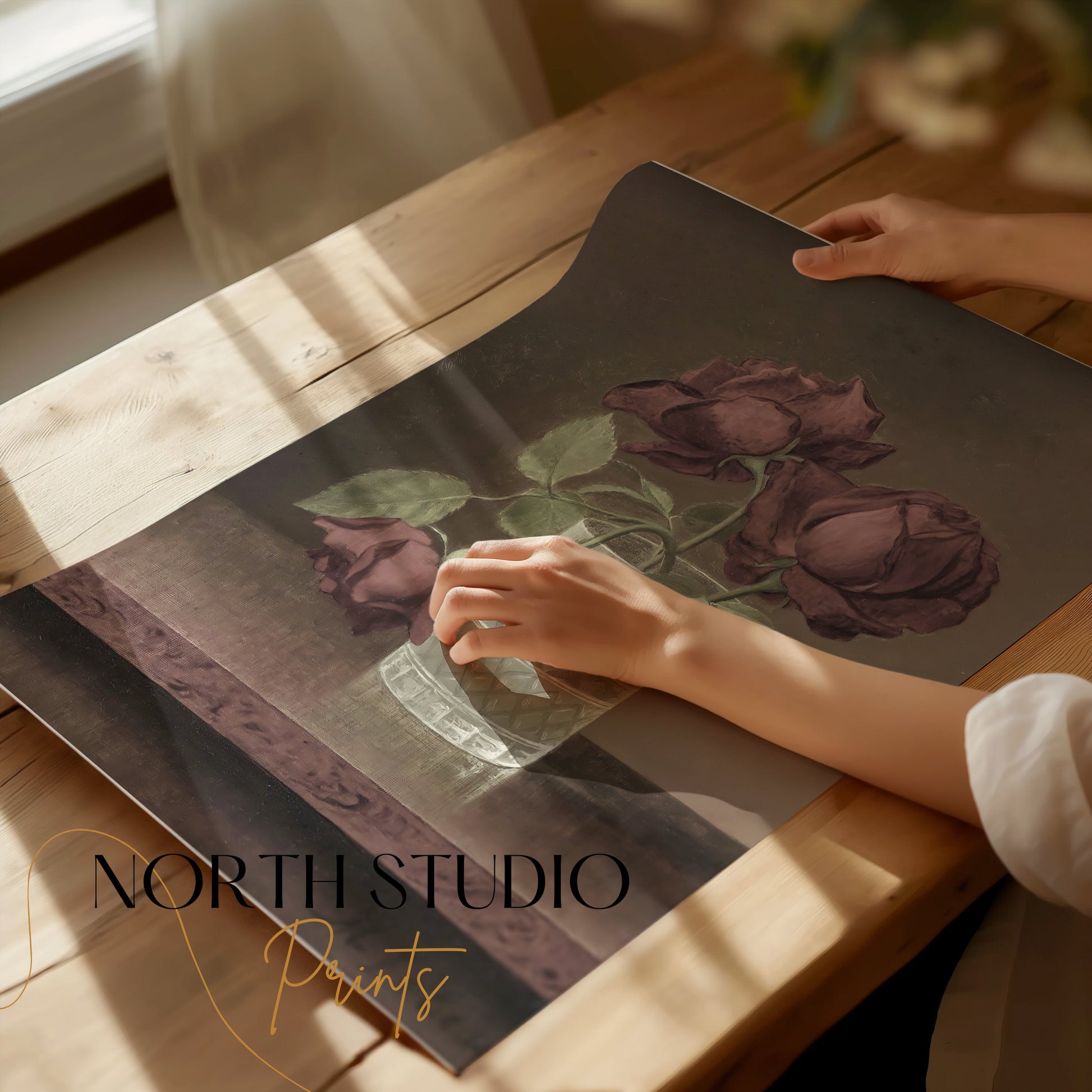 Premium Poster of Three Wilted Red Roses in Glass Vase Posters