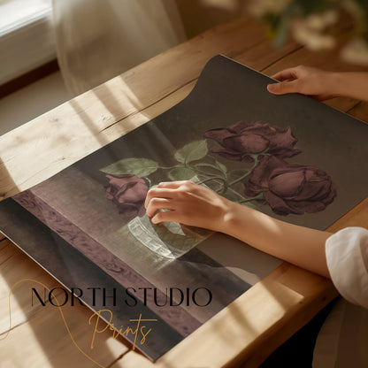 Premium Poster of Three Wilted Red Roses in Glass Vase Posters