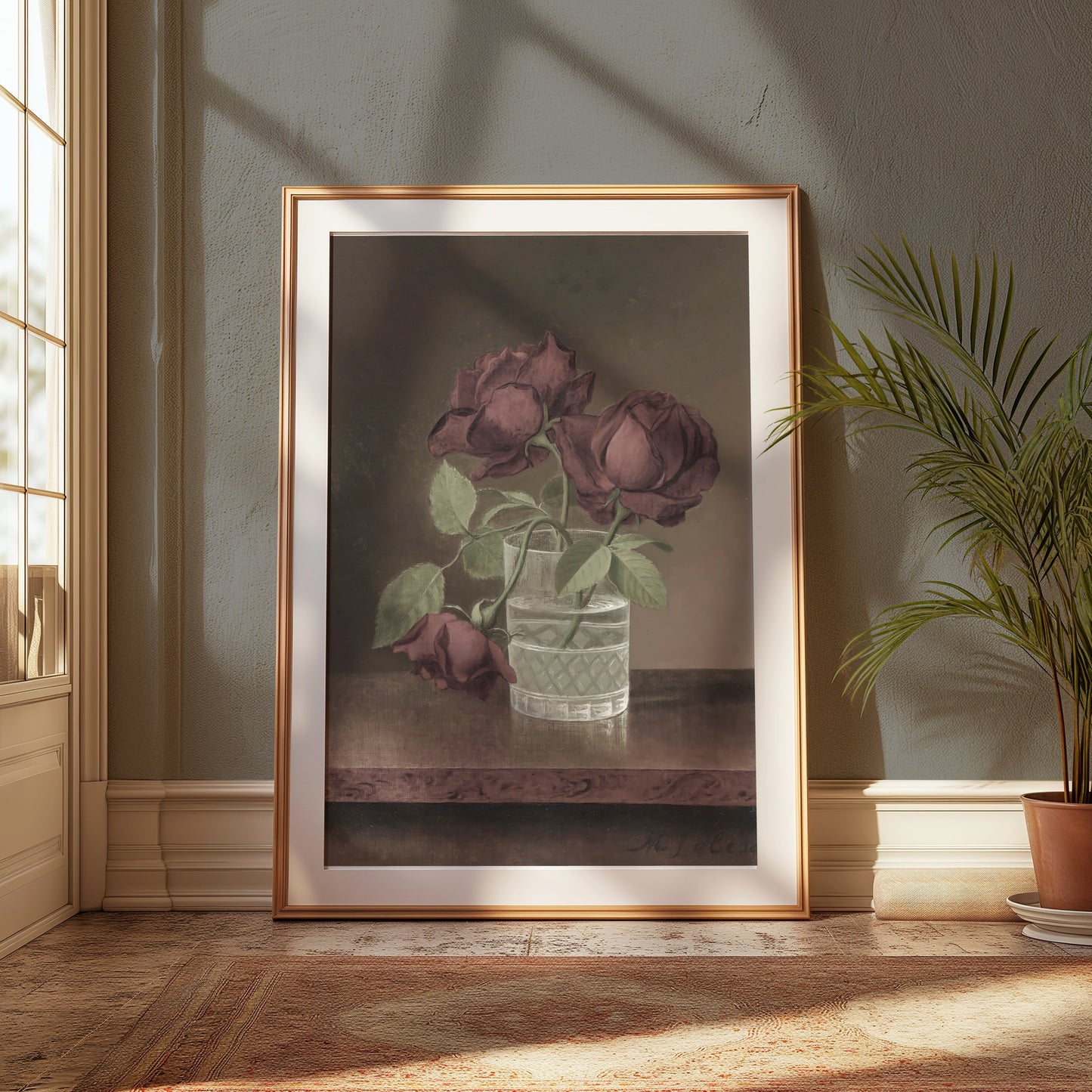 Premium Poster of Three Wilted Red Roses in Glass Vase Posters