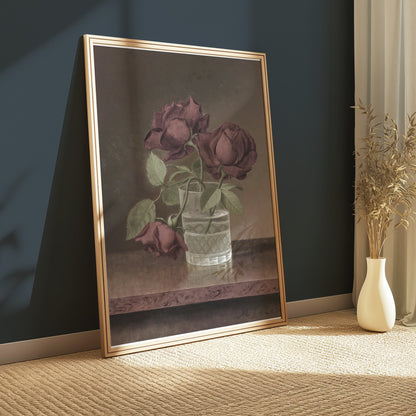 Premium Poster of Three Wilted Red Roses in Glass Vase Posters