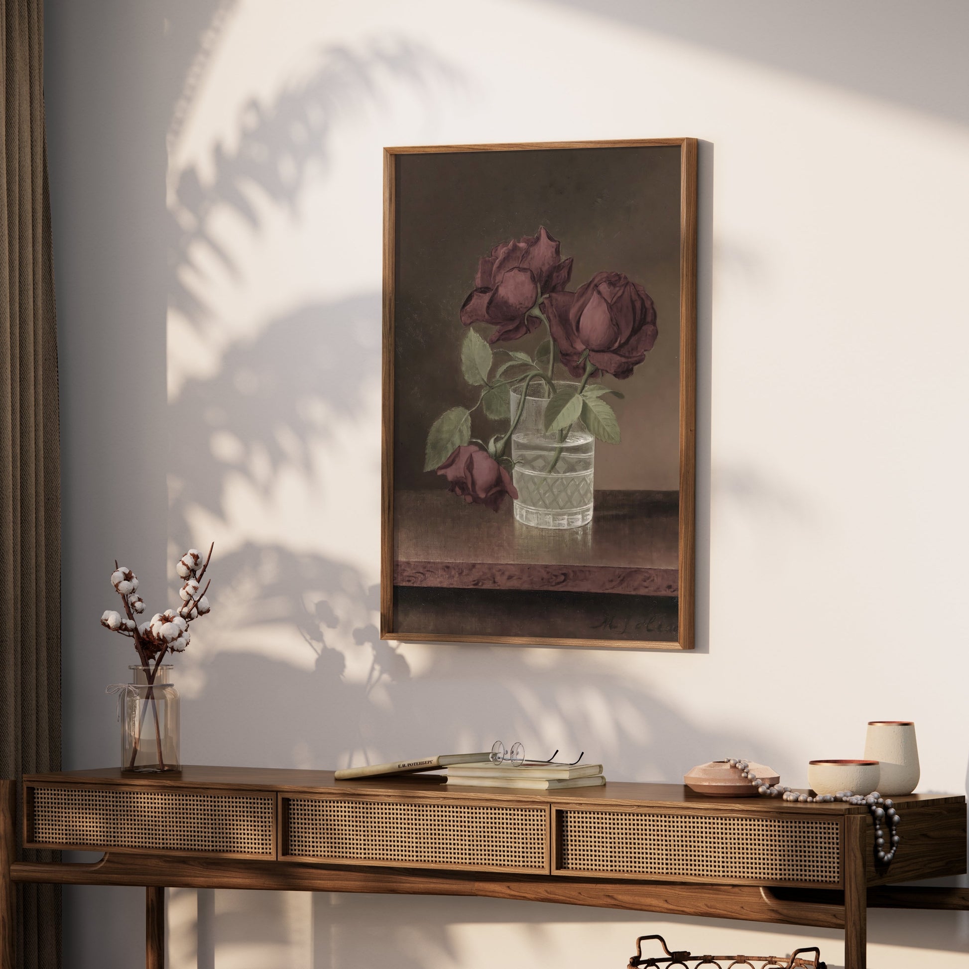 Premium Poster of Three Wilted Red Roses in Glass Vase Posters