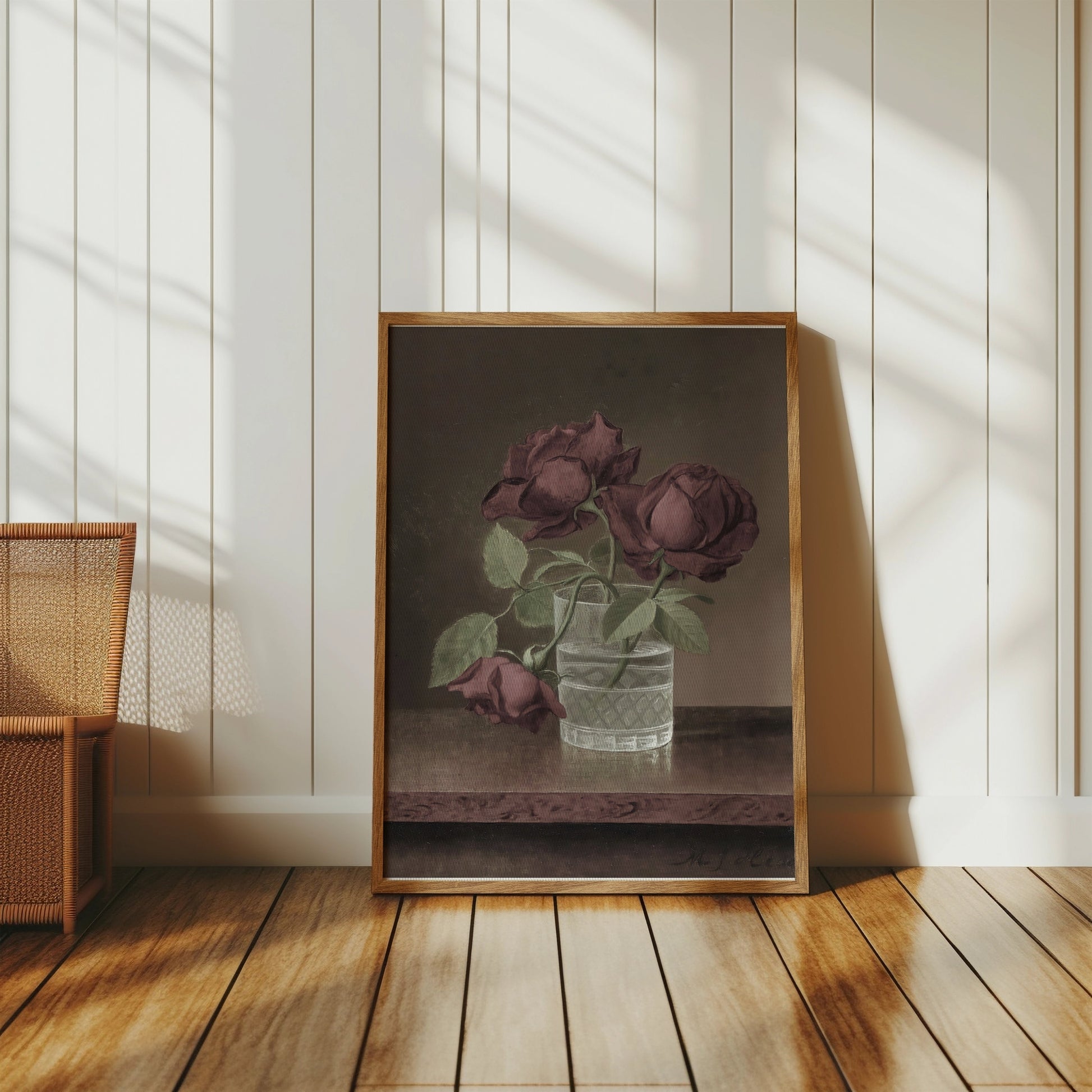 Premium Poster of Three Wilted Red Roses in Glass Vase Posters