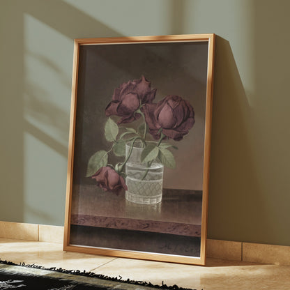 Premium Poster of Three Wilted Red Roses in Glass Vase Posters