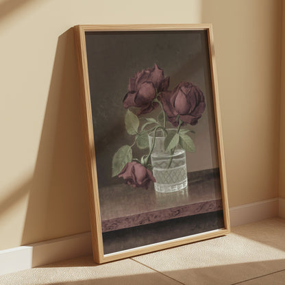 Premium Poster of Three Wilted Red Roses in Glass Vase Posters