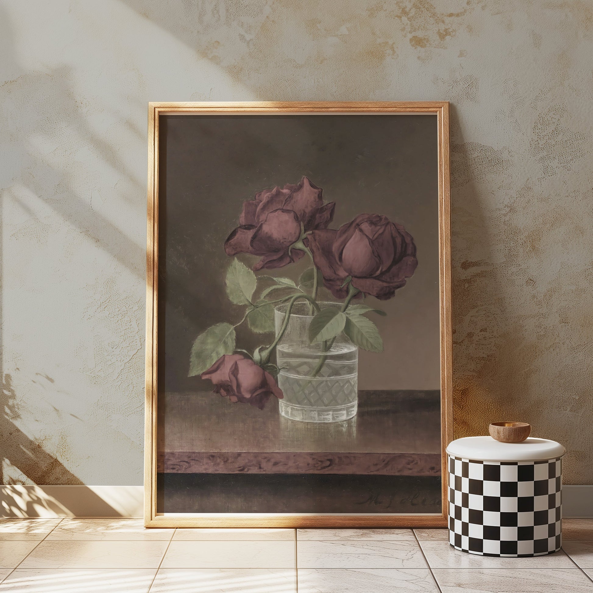 Premium Poster of Three Wilted Red Roses in Glass Vase Posters