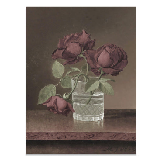 Premium Poster of Three Wilted Red Roses in Glass Vase Posters