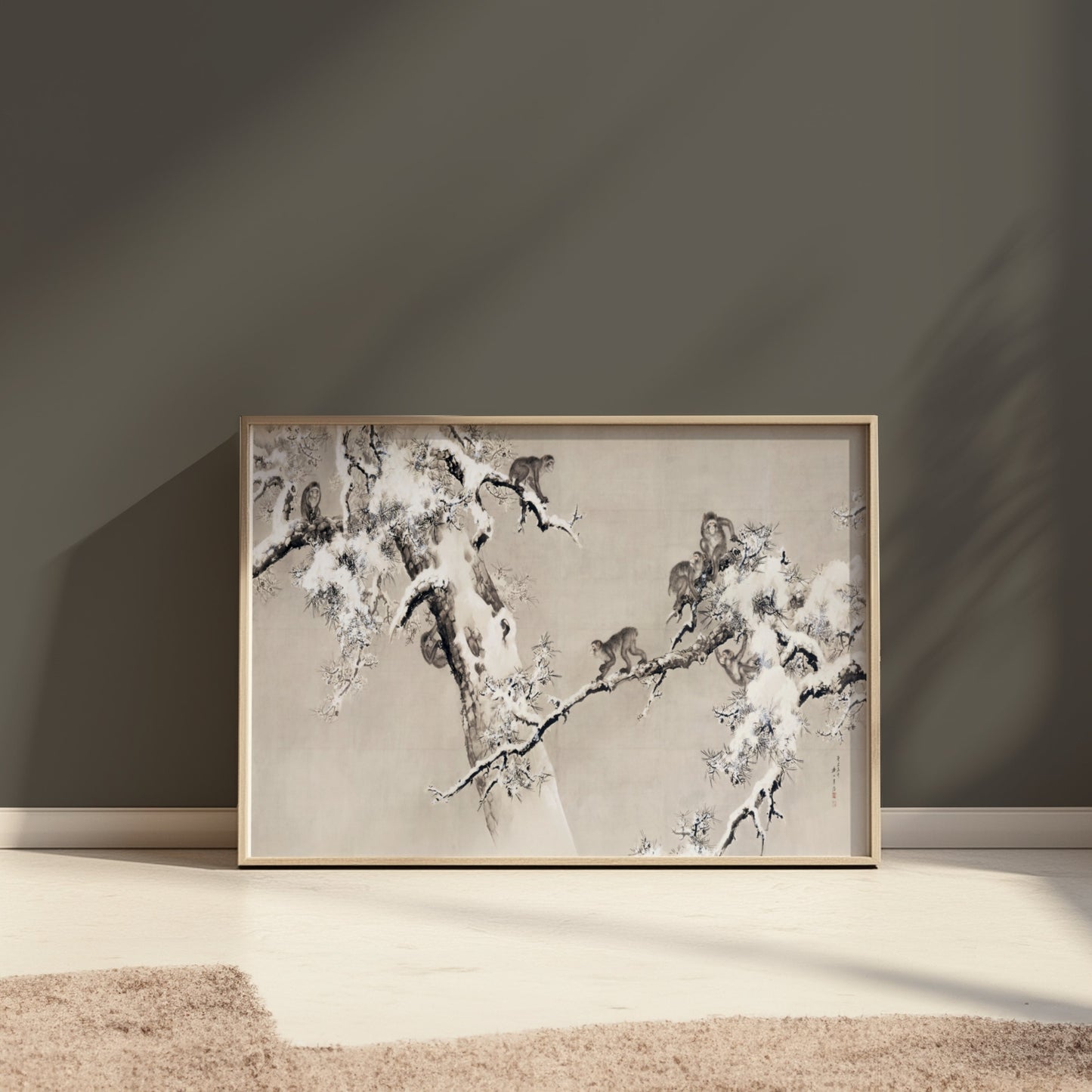Premium Poster of Traditional Asian Monkeys in Snowy Tree Art Posters