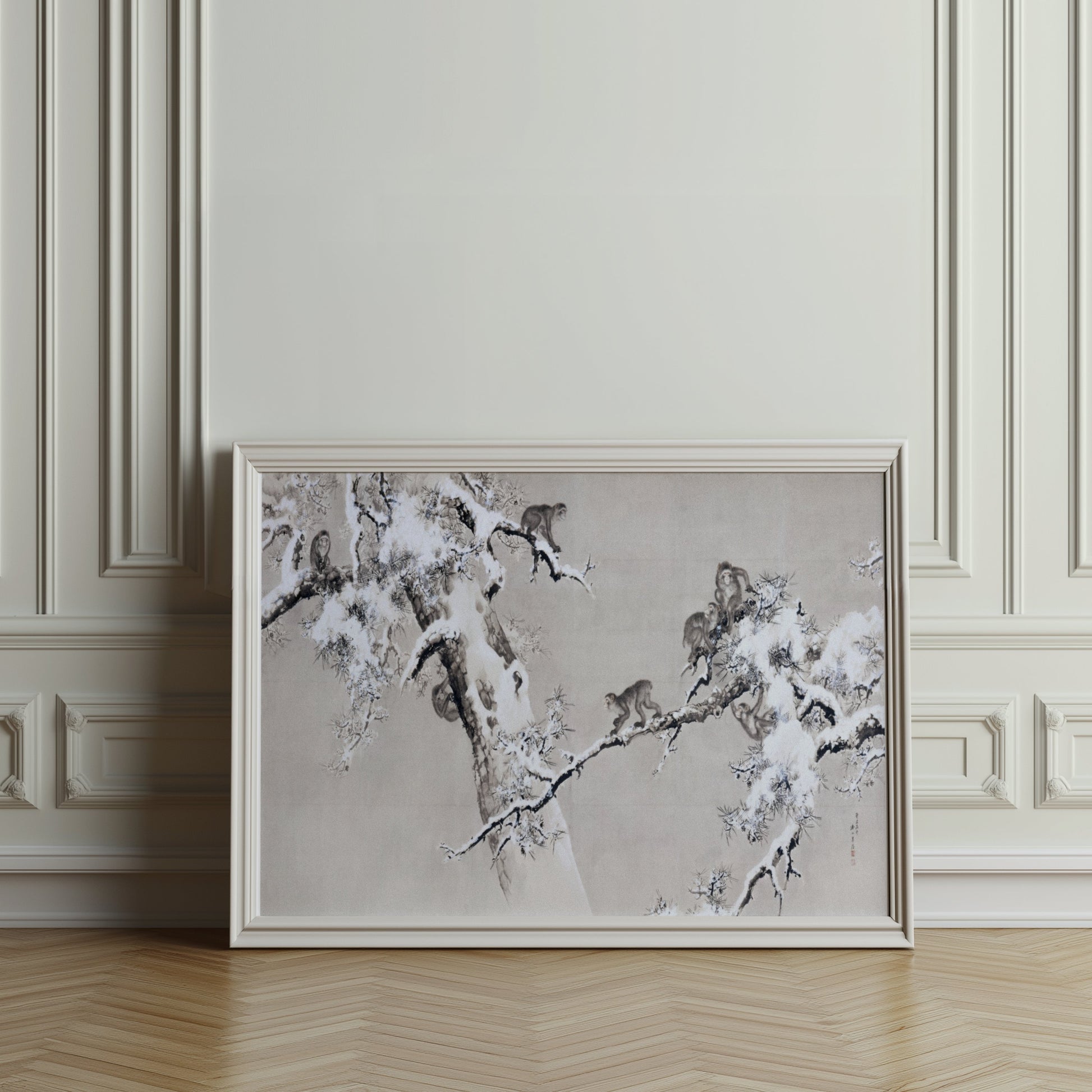 Premium Poster of Traditional Asian Monkeys in Snowy Tree Art Posters
