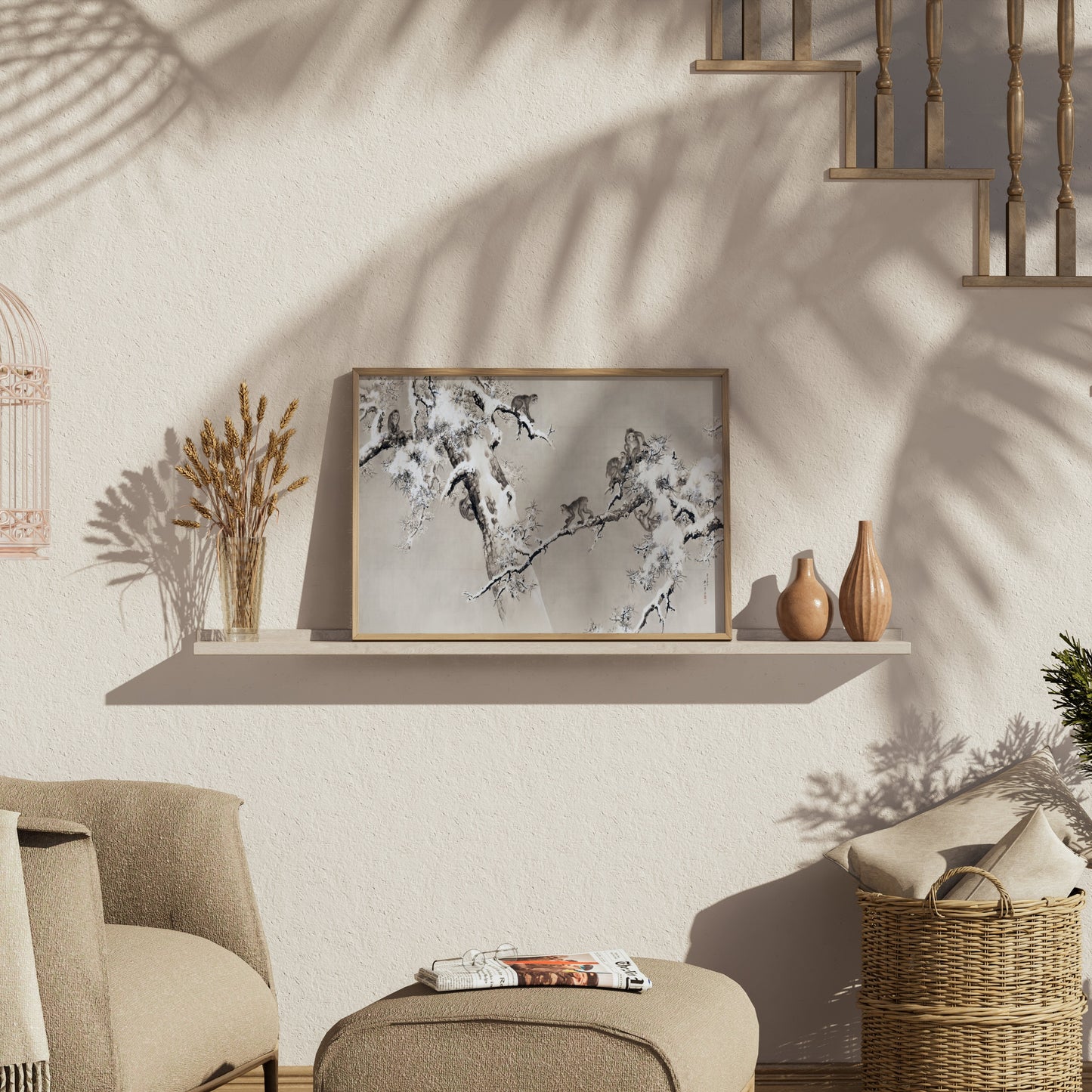 Premium Poster of Traditional Asian Monkeys in Snowy Tree Art Posters