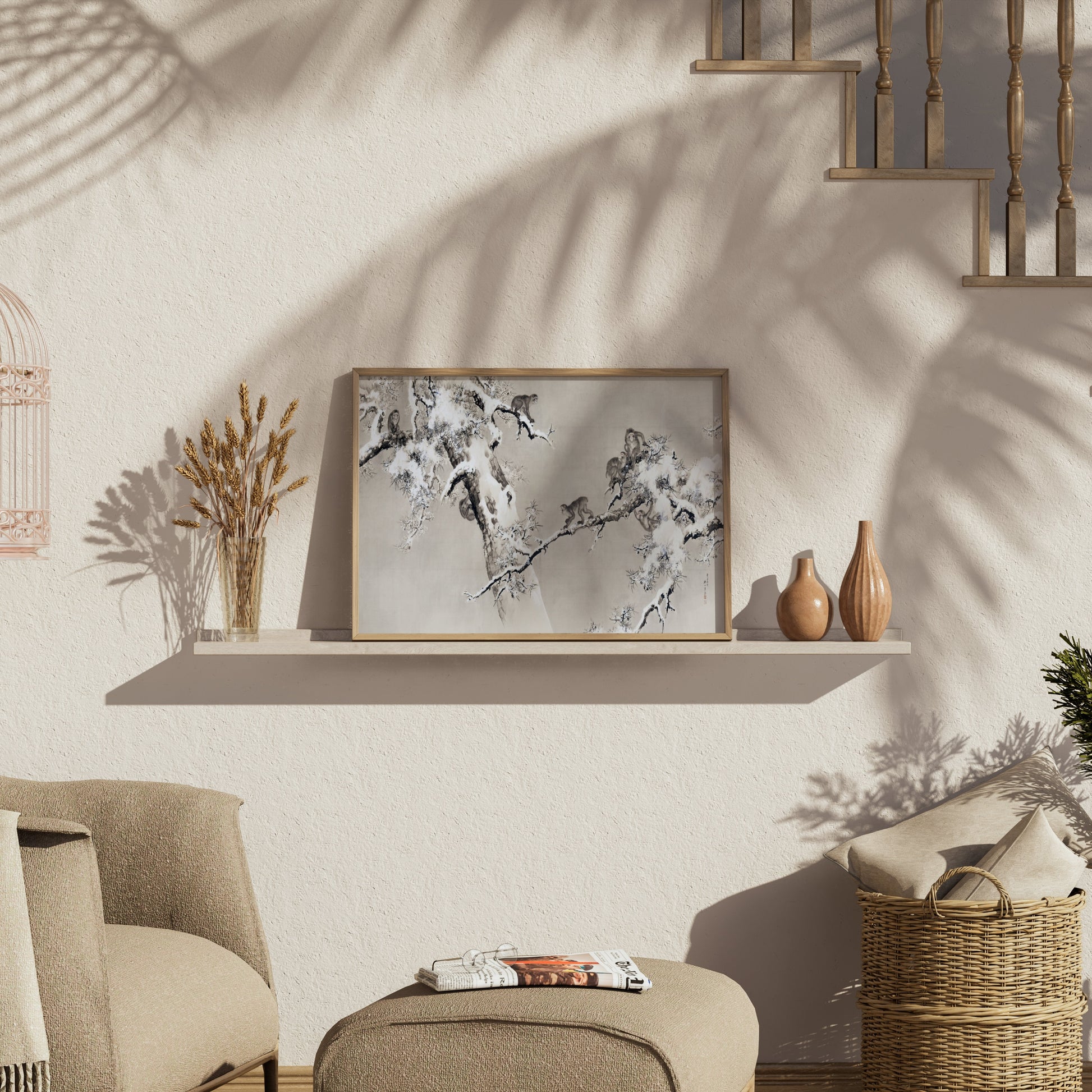 Premium Poster of Traditional Asian Monkeys in Snowy Tree Art Posters