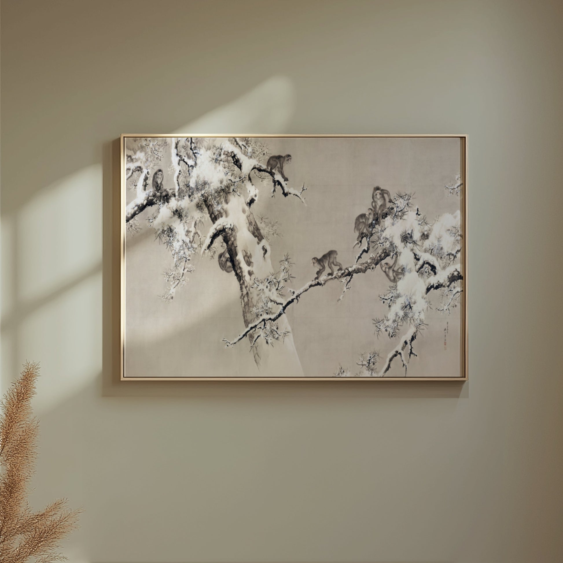 Premium Poster of Traditional Asian Monkeys in Snowy Tree Art Posters